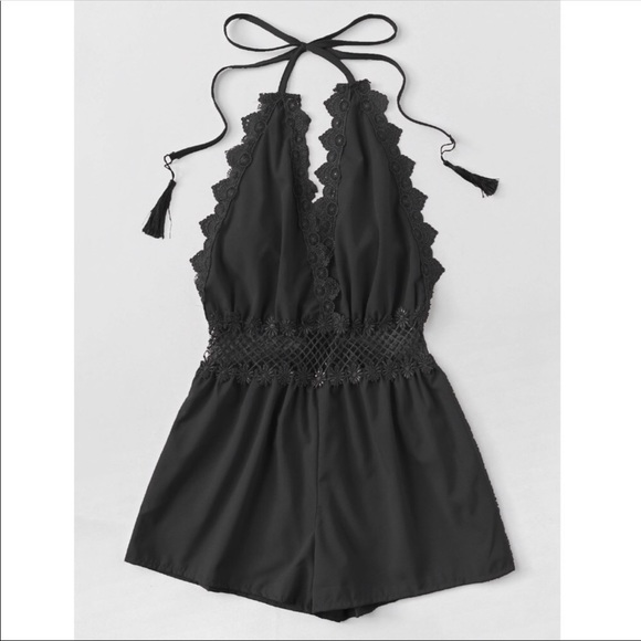 Deep V Halter Crochet Black Romper Low Back - Picture 3 of 4